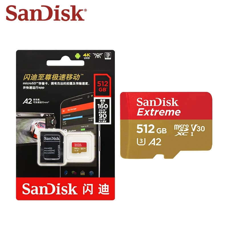 SanDisk Extreme V30 A2 microSDXC Memory Card 128GB 256GB 512GB Class 10 micro sd card U3 4K 32GB 64GB Flash TF Card for UAV