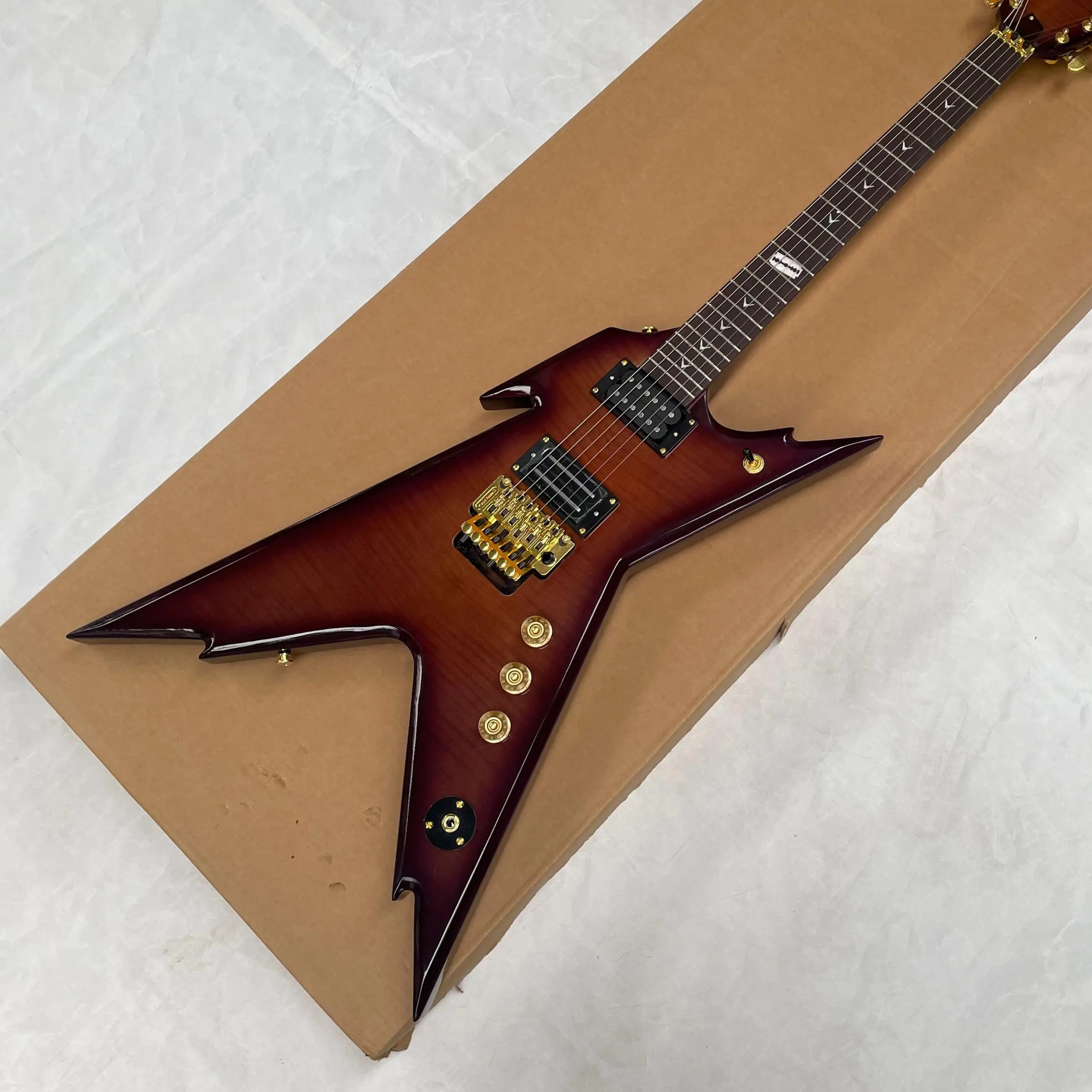 V Electric Guitar, Sunburst Front + Trans Purple Back, Flame Maple Top, HH Pickups, Gold Tremolo, Arrow Inlays