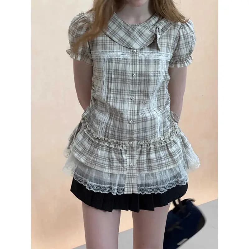 Camicia scozzese vintage giapponese con maniche a sbuffo da donna colletto alla Peter Pan pieghe increspate top slim estate nuova camicetta estetica Y2k