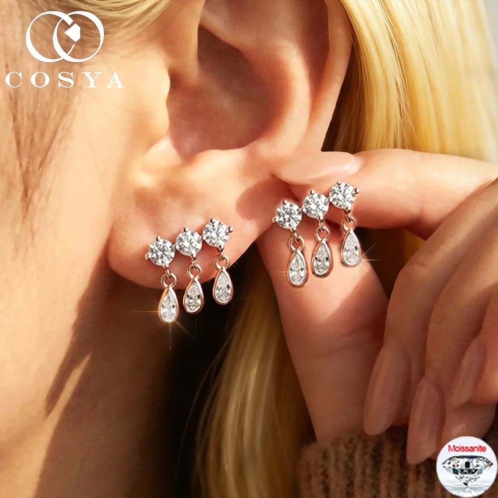Orecchini COSYA a Goccia con Moissanite Taglio Pera per Donne e Ragazze, in Argento Sterling 925, Scintillanti a 3 File, Gioielli Regalo