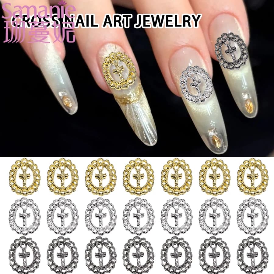 SANANIE 10PCS New 3D Vintage Japanese Hollow Flower Nail Charms Luxury Cross Series Stickers Nails Art DIY Jewelry Accessories