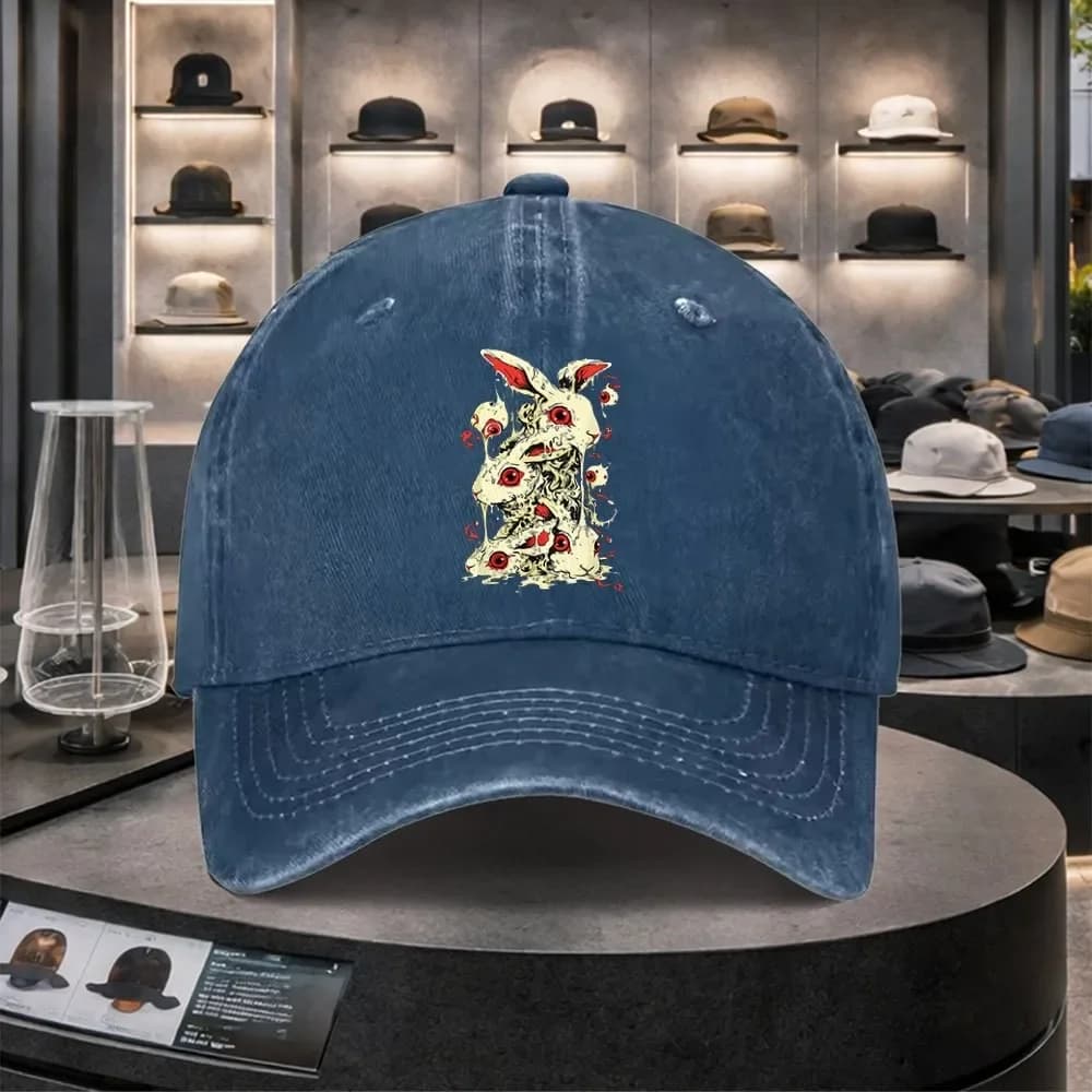 Cappellino da baseball in denim lavato con stampa di coniglio e teschio, regolabile, stile street, in cotone, unisex