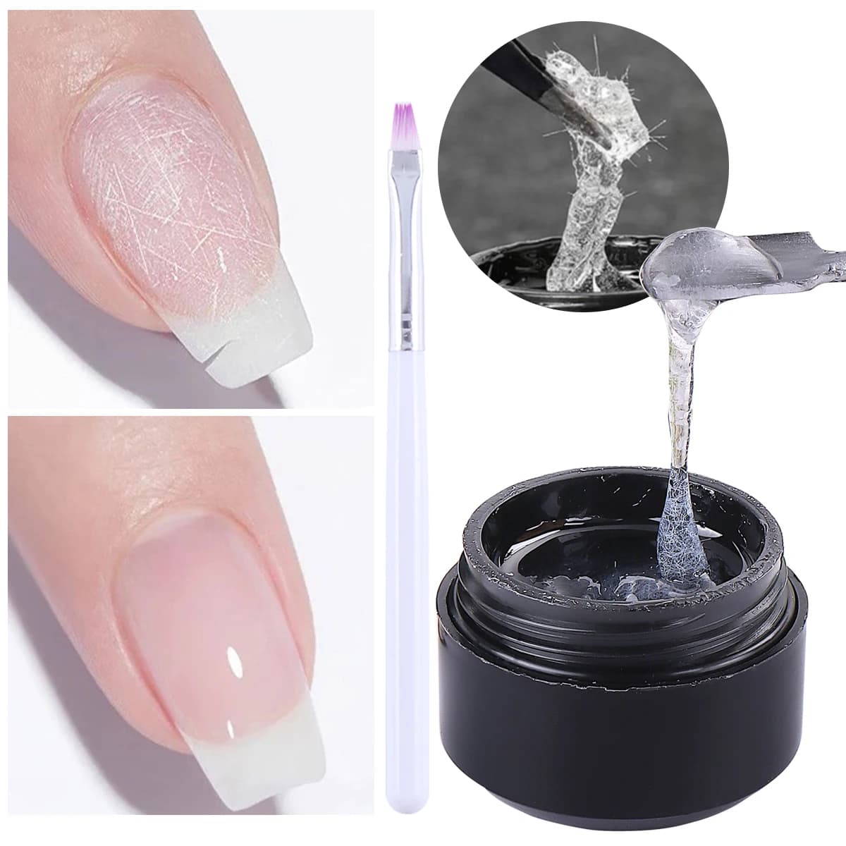 Smalto per unghie gel riparato in fibra da 5 g con pennello UV Rafforza la crepa delle unghie Ripieno rotto Funzione di estensione del gel Strumento per manicure