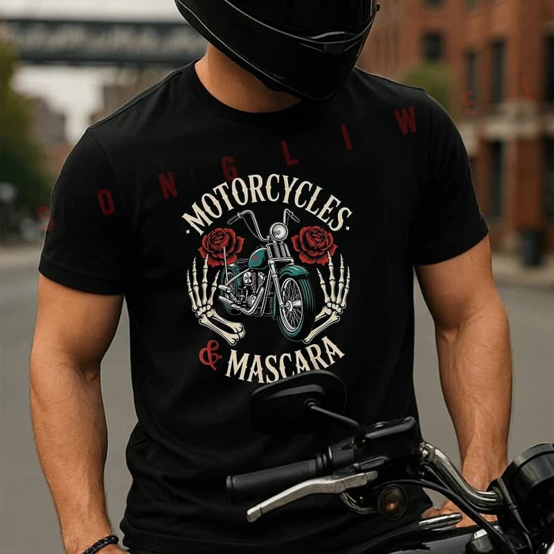 T-shirt da uomo Motorcycle And Mascara Biker Girl, t-shirt casual estiva in cotone a maniche corte, girocollo, unisex