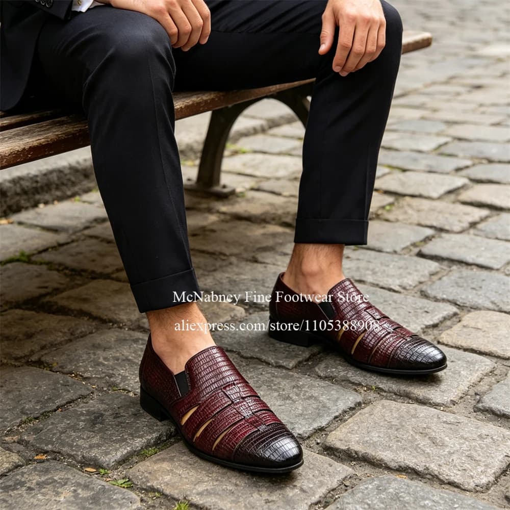 Breathable Cutout Burgundy Black Lizard Leather Loafers Slip on Men Dress Shoes Summer Gentlemen Formal Shoes Casual Daily Wear