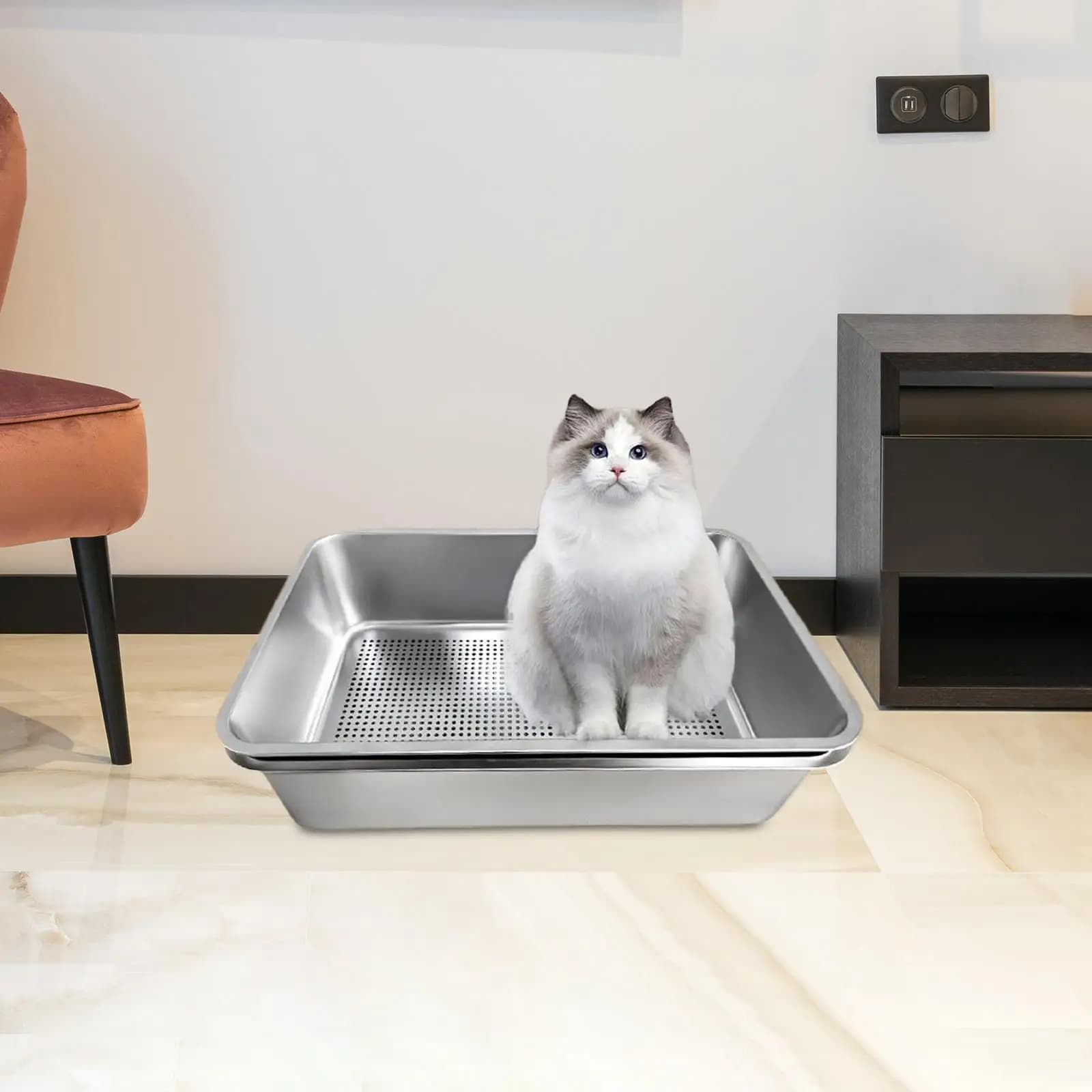 Lettiera per Gatti in Acciaio Inossidabile, Robusta, Smontabile, Contenitore Anti-Schizzi, Vasca per Sabbia, Cassetta Igienica per Animali Domestici