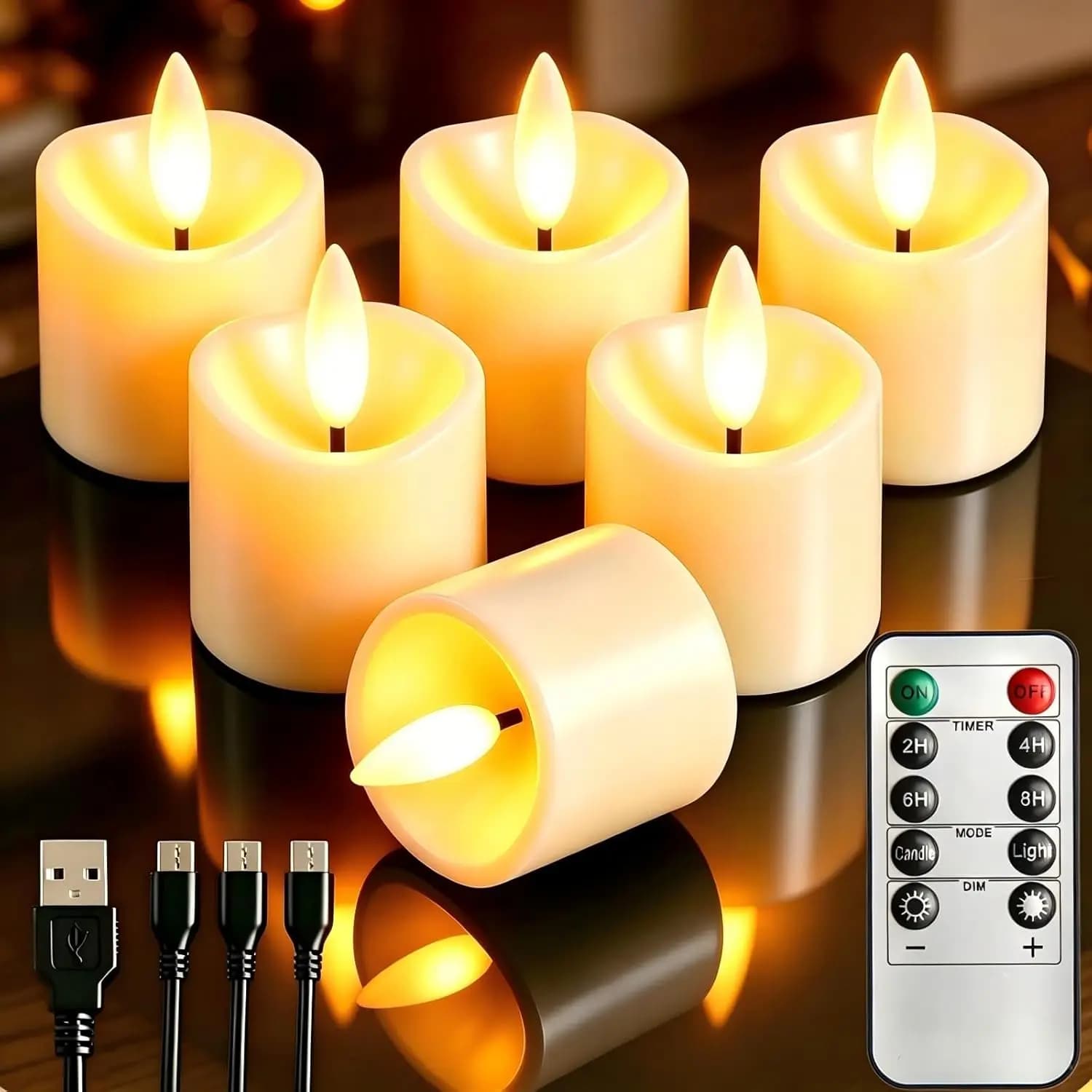Candele LED Ricaricabili Senza Fiamma con Timer e Telecomando, 3,8x5,6 cm, Effetto Sfarfallio, per Matrimoni, Feste, Decorazioni Casa (Confezione da 6)