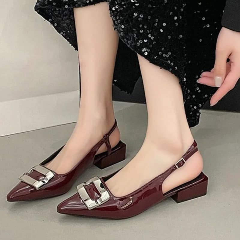 Pointed Toe Square Buckle Low Heel Baotou Sandals Women's New Versatile Block Heel Patent Leather Back Empty Single Shoes