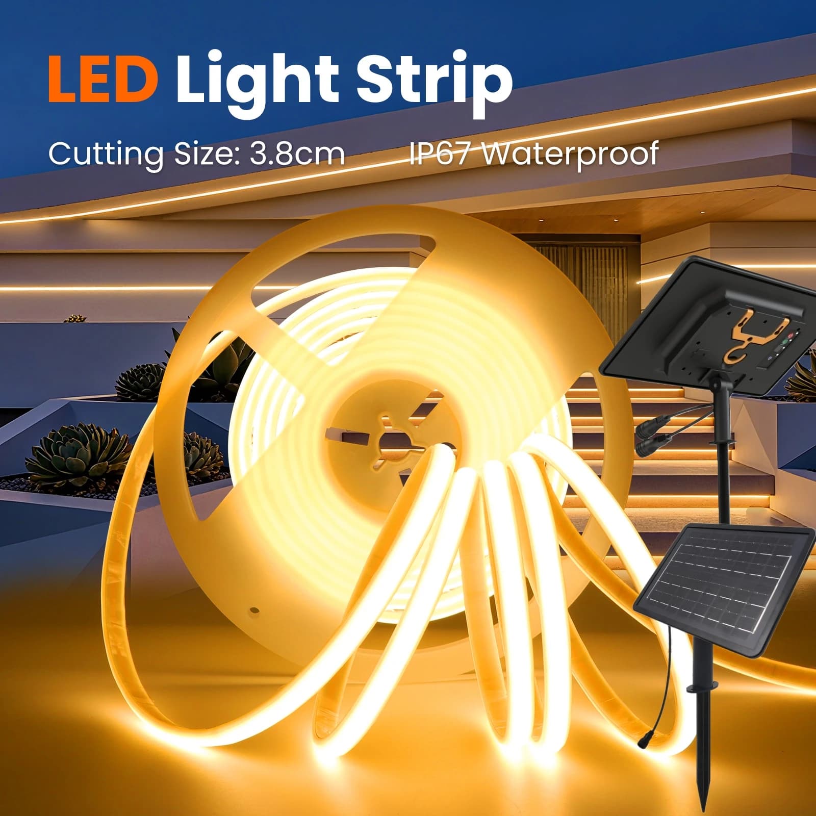 Luce a corda al neon COB a energia solare 24V IP67 impermeabile, striscia LED flessibile con accensione/spegnimento automatico per illuminazione esterna di percorsi, piscine e giardini.