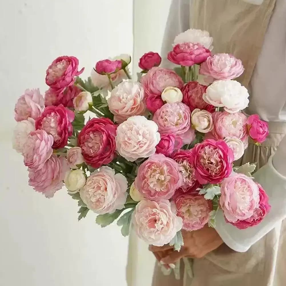 Fiori Artificiali Realistici di Ranuncolo, Elegante Bouquet di Peonie per Matrimoni e Decorazioni Domestiche, Piante di Peonie Finte D6D7