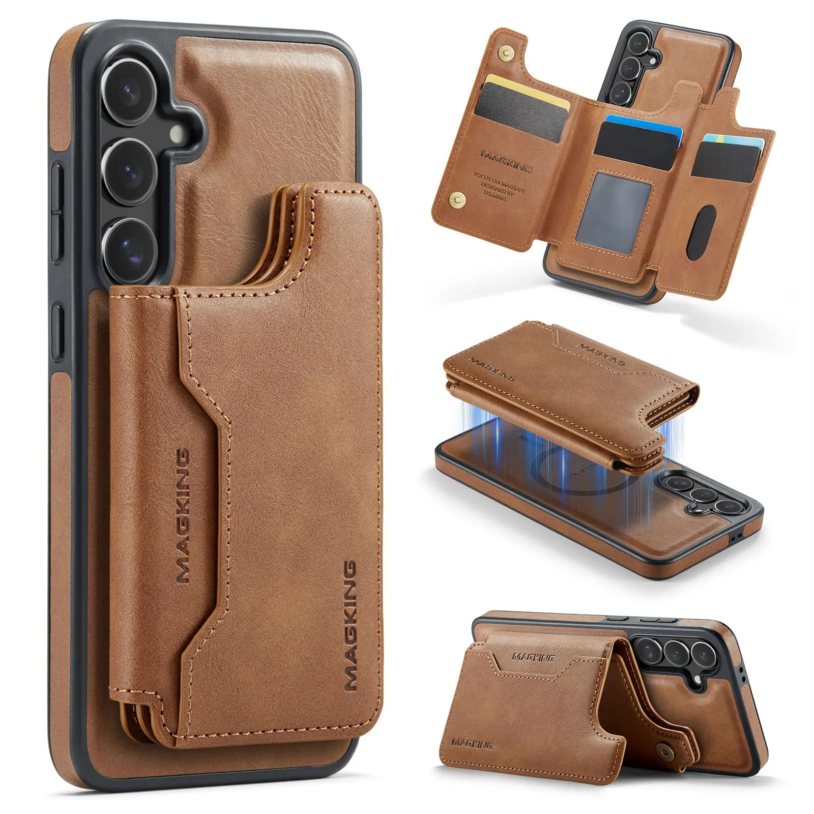 Wallet magnetic case with detachable card holder 2 in 1 for Samsung S26 Ultra S25 Edge S24 Plus S23 RFID triple fold pocket