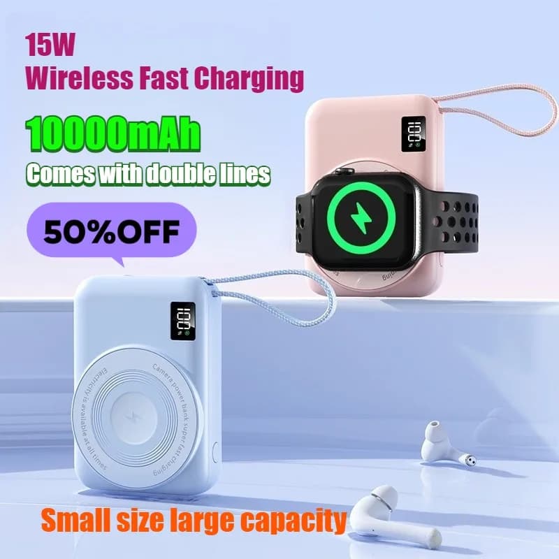 Power Bank Wireless da 22.5W 10000mAh per Orologi, Ricarica Super Veloce, Caricabatterie Portatile con Cavo Integrato
