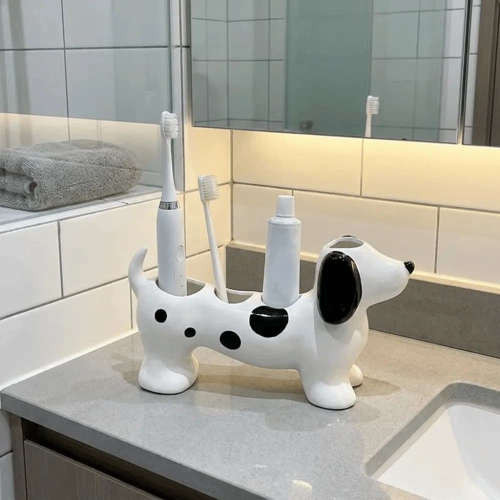 Ceramic Dachshund Toothbrush Holder 4 Slots Cute Dog Shaped Toothbrush Holder Space Saving Decorative Electric Toothbrush Stand