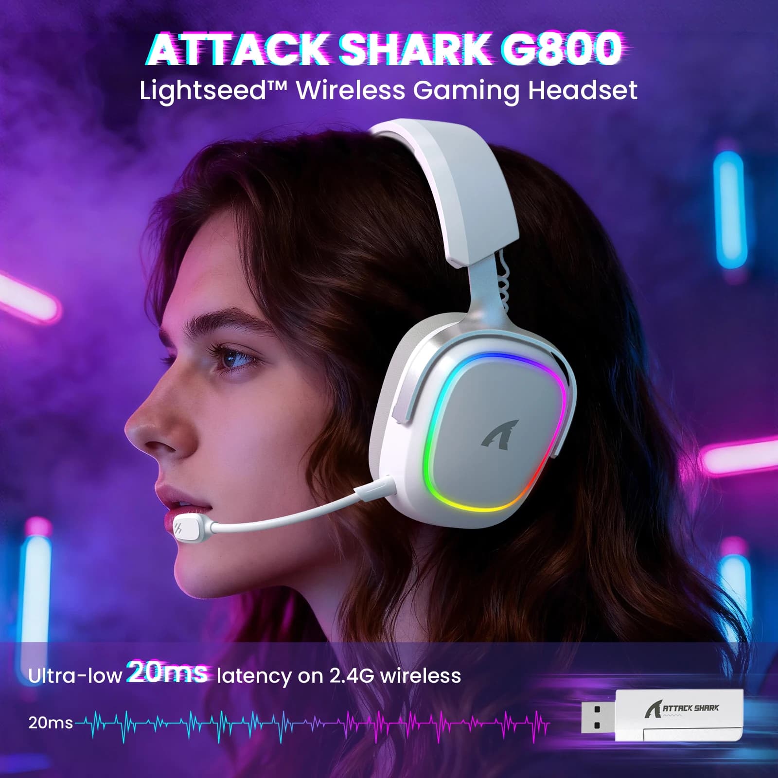 Cuffie da gioco wireless ATTACK SHARK G800, audio surround 3D, microfoni rimovibili, telaio in lega di alluminio da 1000 mAh, bassa latenza di 20 ms