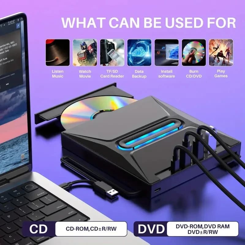 New Luminous 3 USB 3.0 External CD/DVD Drive, C-Type Portable CD/DVD+/- RW Drive/DVD Player Hub, with SD Card Reader, Compa