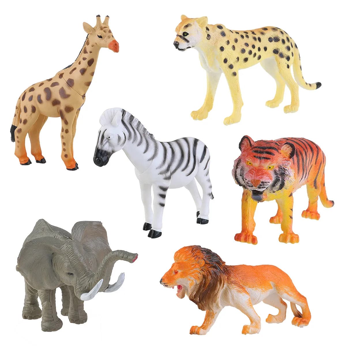 6Pcs Vibrant Standing Wild Animal Set Tiger Leopard Lion Giraffe Zebra -10Cm Plastic Zoo Decoration Educational Kids