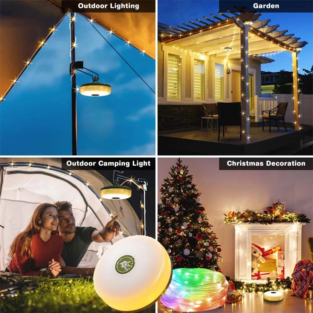 Ricarica solare/USB Luce da campeggio a LED ricaricabile impermeabile lunga 10M Luce da campeggio con gancio Luce ambientale RGB 2 in 1