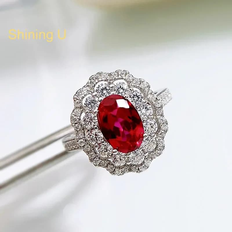 925 sterling silver ring with high carbon oval diamond with Shining U 6*9 mm ruby for women's sophisticated jewelry engagement