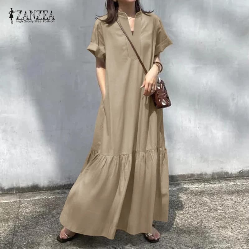 ZANZEA Moda 2026 Abito Estivo Donna Lungo Maxi Casual con Scollo a V Manica Corta per Vacanze Vestito Maxi Kaftan Oversize