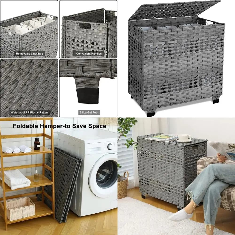 Cesto Portabiancheria Grigio da 140L con 3 Sacchi Rimovibili, Cesto Pieghevole Stile Vimini per Camera da Letto, 27x13x26 Pollici