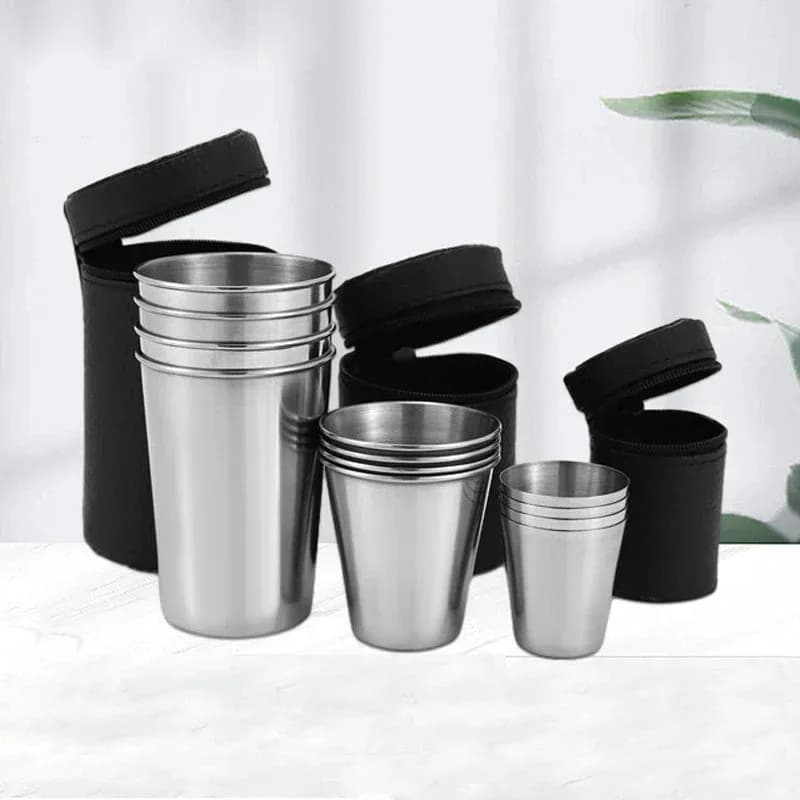 4 pezzi da viaggio all'aperto tazze in acciaio inossidabile mini bicchieri per whisky vino con custodia bicchieri portatili 30 ml/70 ml/170 ml