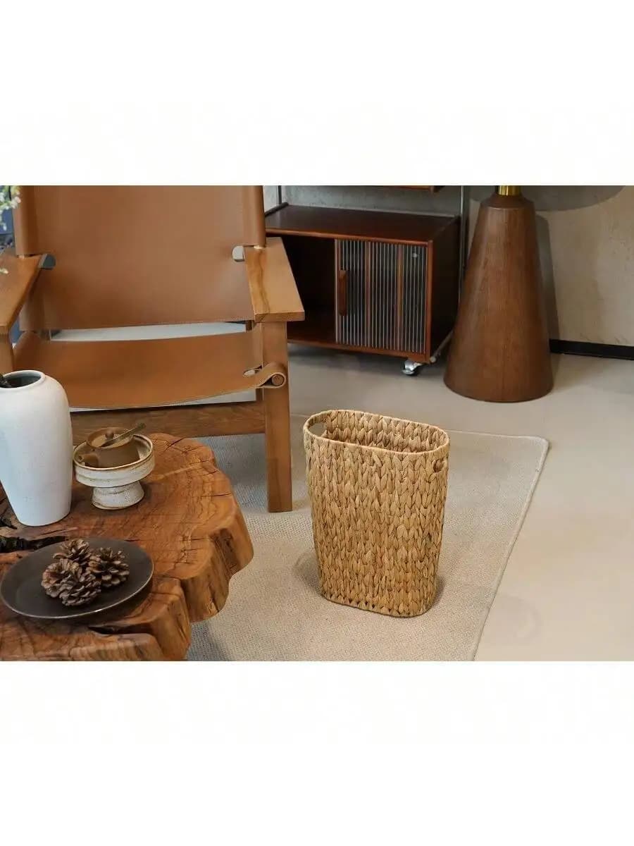 Handwoven Water Hyacinth Wicker Trash Can Narrow Small Waste Basket For Bathroom Bedroom Office