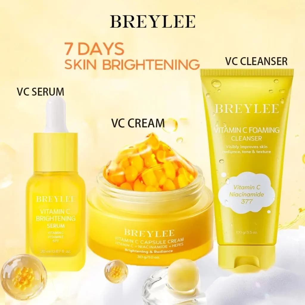 BREYLEE Set Skincare alla Vitamina C: Detergente Viso Purificante, Crema Idratante Illuminante, Siero Nutriente Anti-Macchie - 3 Pezzi