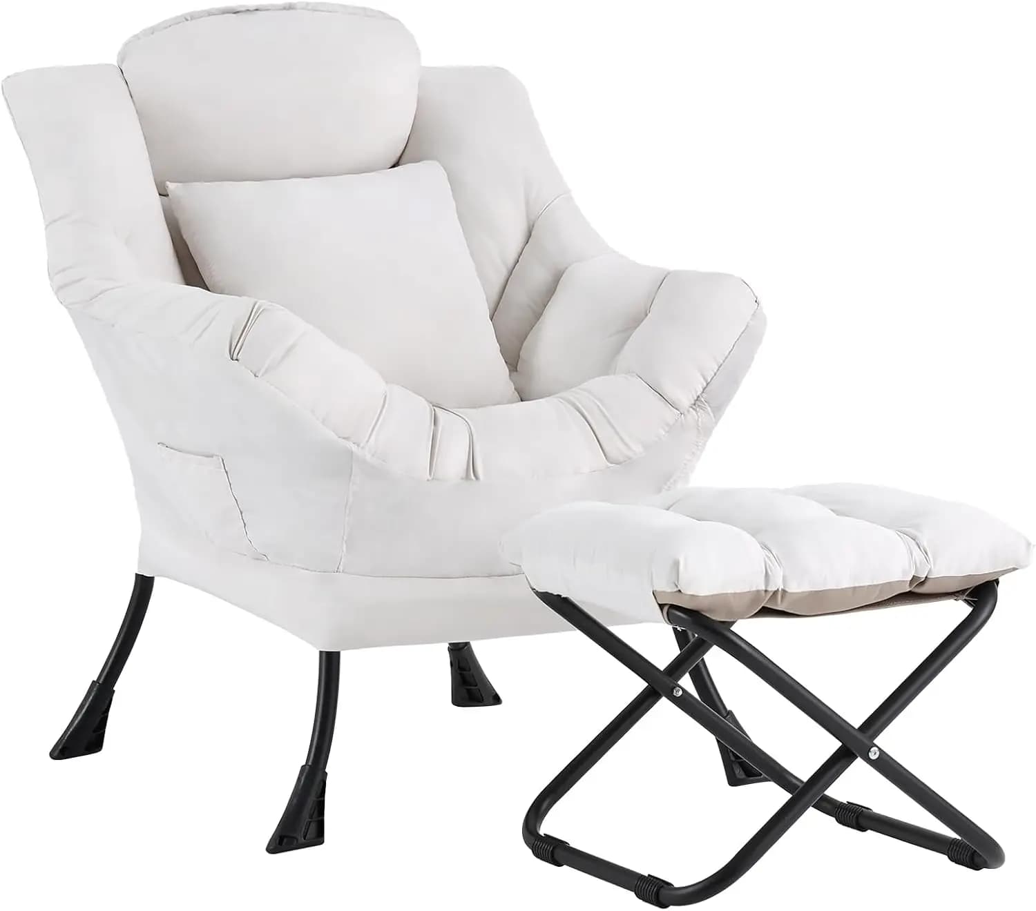 leisure accent chair, chair with armrests, ottoman footrest, beige lounge chair, indoor furniture for living room, rest chair with cushion