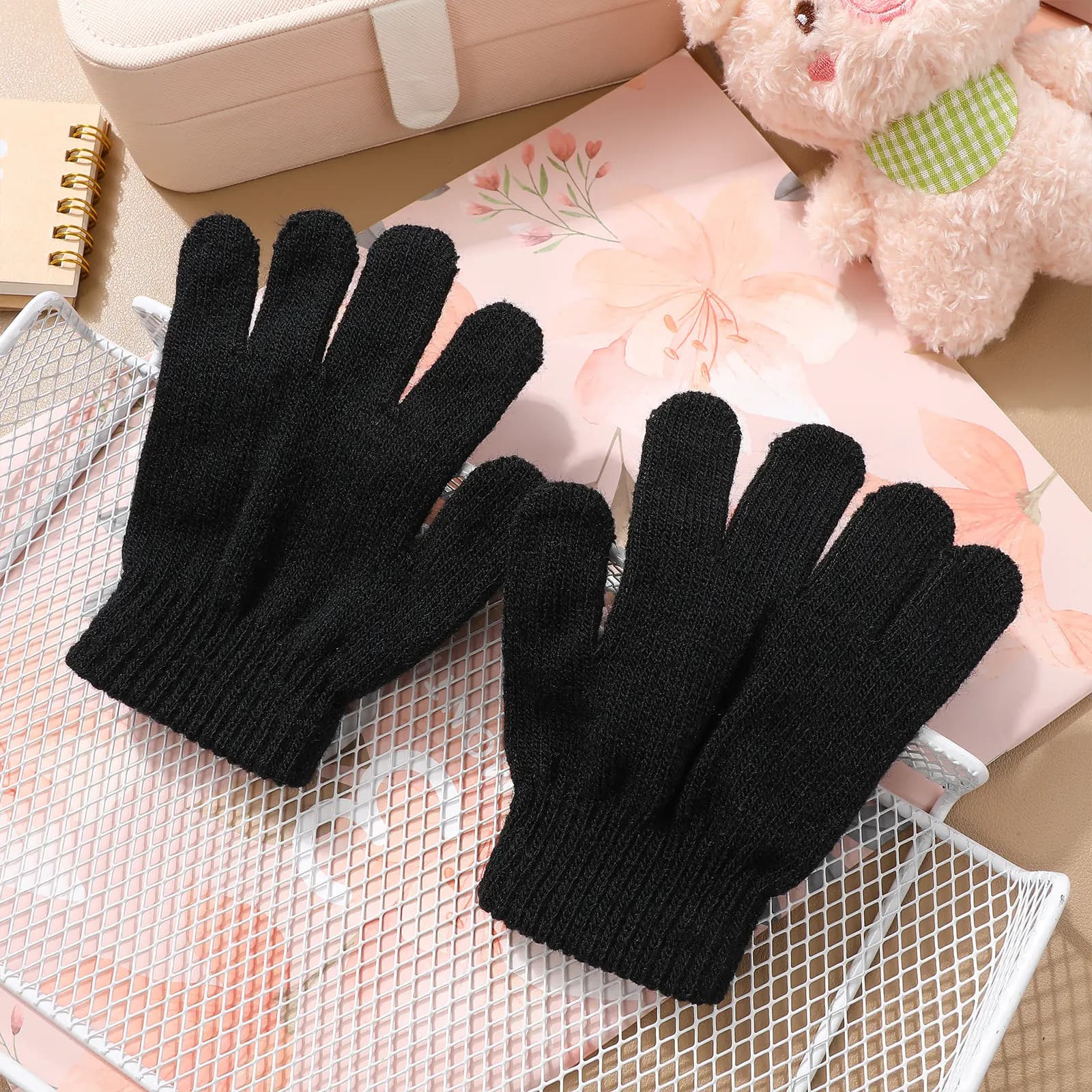 Guanti Invernali Lavorati a Maglia per Bambini, Guanti Caldi a Dita Intere per Bambini 4-12 Anni, Neri, Leggeri, Lavabili, Elastici, per Ciclismo e Pattinaggio