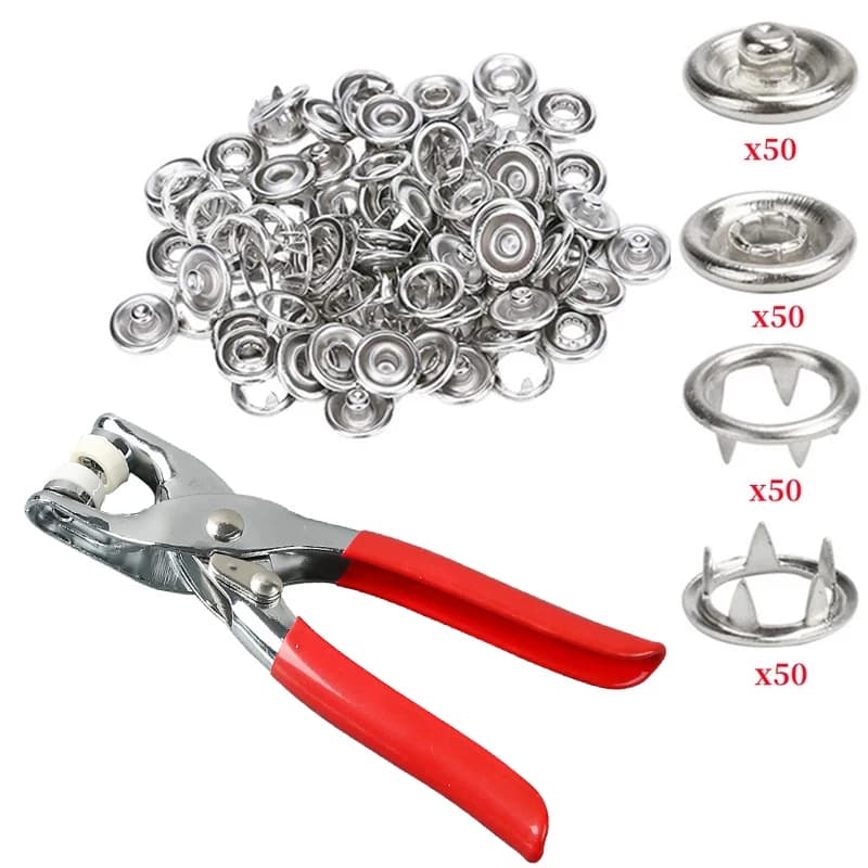 Pinza Strumento 50 pezzi Bottone a pressione in metallo Kit di chiusura a scatto addensato Forniture artigianali fai-da-te per l'installazione di accessori per cucire borse per vestiti