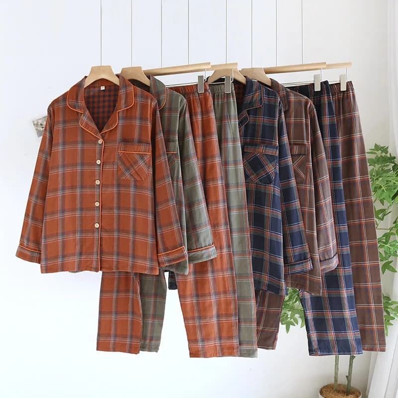 Coppia Pigiama scozzese tinto in filo Doppio strato di filato di cotone Abbigliamento per la casa Pantaloni sottili a maniche lunghe Pigiama da donna Set da 2 pezzi