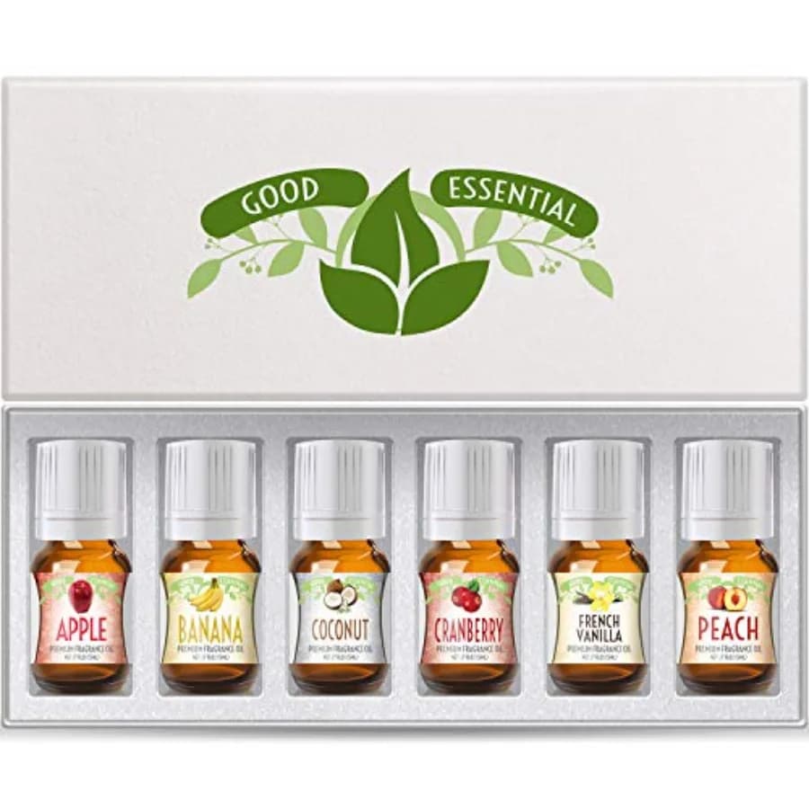 Good Essential Fragrance Oils Set, 6-Pack: Banana Oil, Cranberry, Apple, Coconut, French Vanilla, Peach - Aromatherapy and Cand