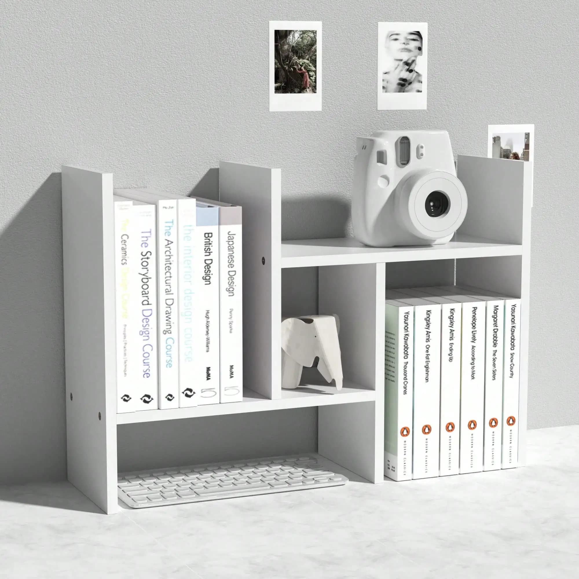 1SET Storage Desktop Organizer For Your Desk Space, Double H Plants Display Shelf, Home Office Storage Rack Adjustable Stackable For Office, Dormitory, Home - Free Standing Shelf White