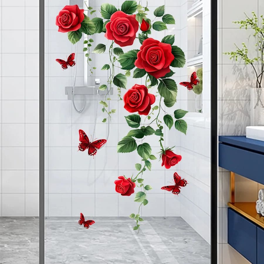 Red Rose Wall Decals, 3D Butterfly Floral Wall Stickers, Removable Peel and Stick Wall Art Decor for Bathroom Bedroom