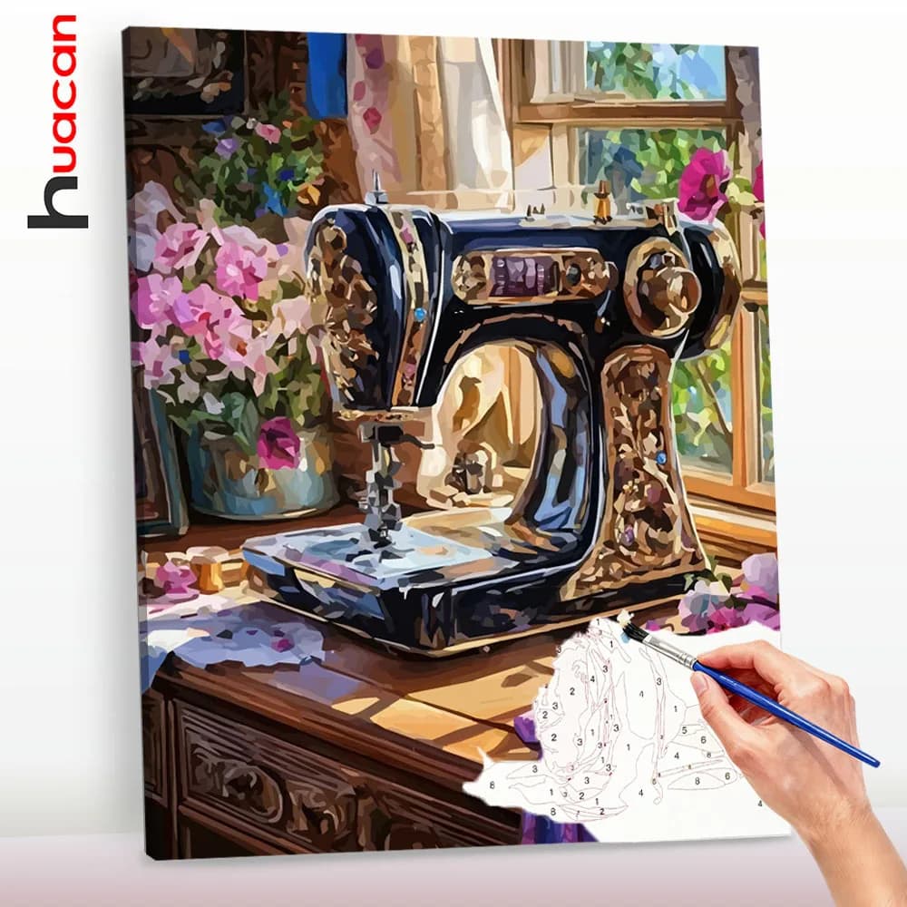 Kit di pittura a numeri Huacan DIY, dipinti su tela con macchina da cucire, immagini floreali artistiche a numeri, regalo, decorazione per la casa, arte da parete