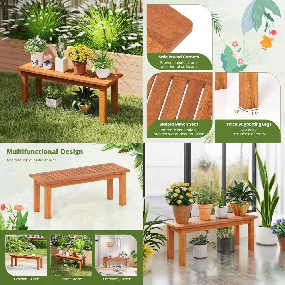 Supporto per Piante in Legno Massello - Per Interni/Esterni, Finitura Olio Teak, Piano a Doghe per Vasi, Scaffale Rustico da Giardino, Adatto per Patio, Ingresso