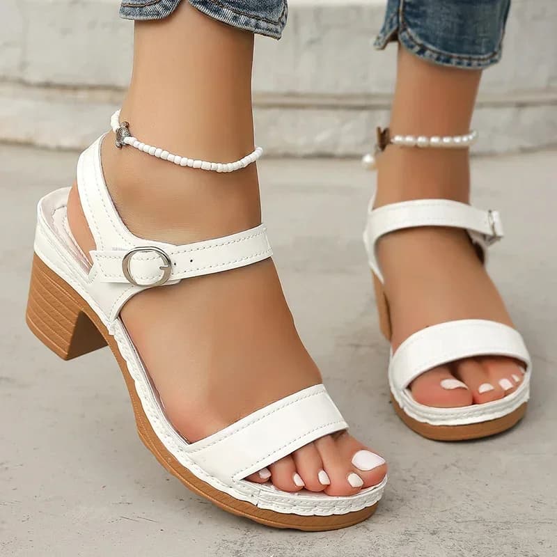 Comodi sandali con cinturino alla caviglia con tacco quadrato donna 2026 estate classica bianco nero scarpe con tacco alto spesso sandali donna Mujer