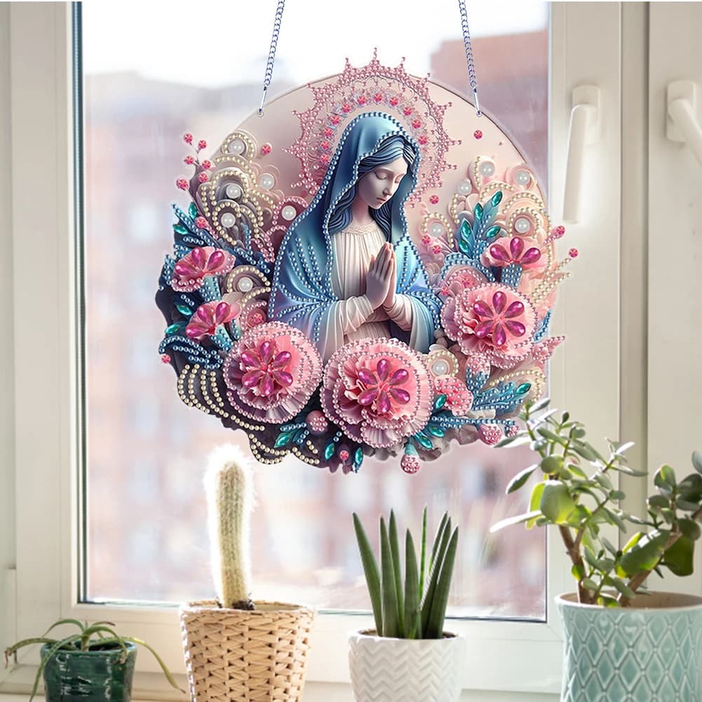 Fiore acrilico Madre Maria Pittura diamante Ciondolo appeso Vergine Maria Strass Pendenti artistici con diamanti per la decorazione della finestra del giardino