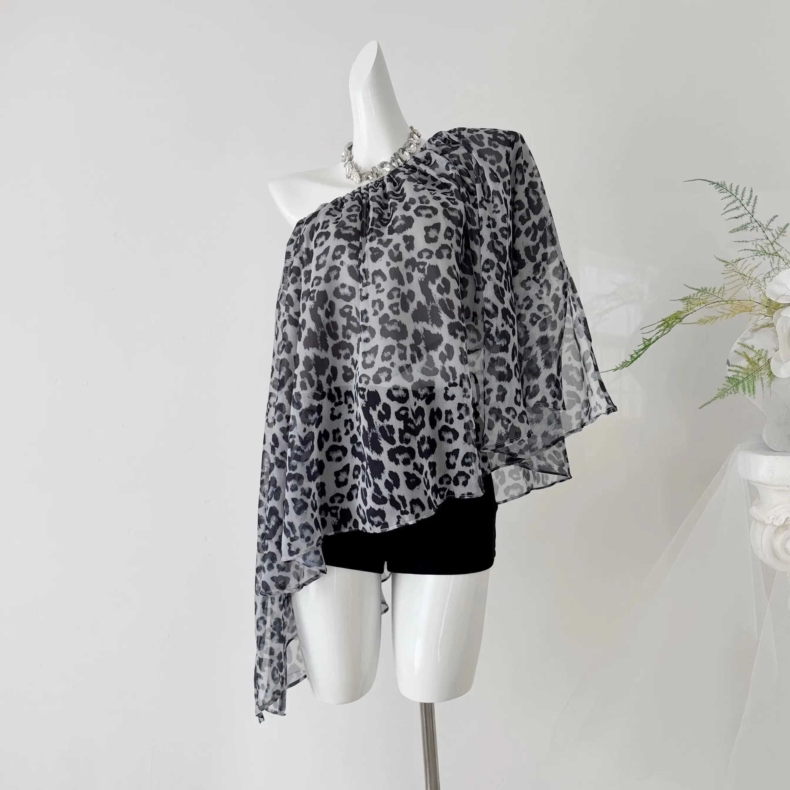 Fashion Casual Black Leopard Printed Chiffon Blouse Apricot Polka Dot Lightweight Tops Irregular Patterned Flowy Top Women Shirt