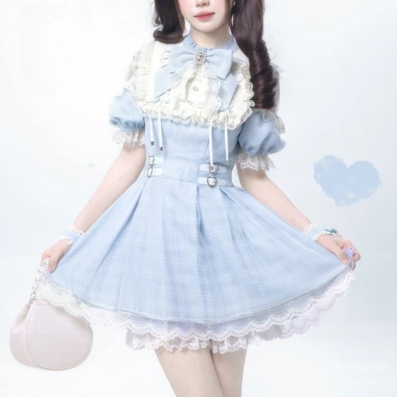 Abito giapponese dolce Lolita con fiocco e pantaloncini Set da donna Kawaii con volant in pizzo con spalle scoperte Camicie scozzesi Abito gotico Y2k Abito da festa sottile