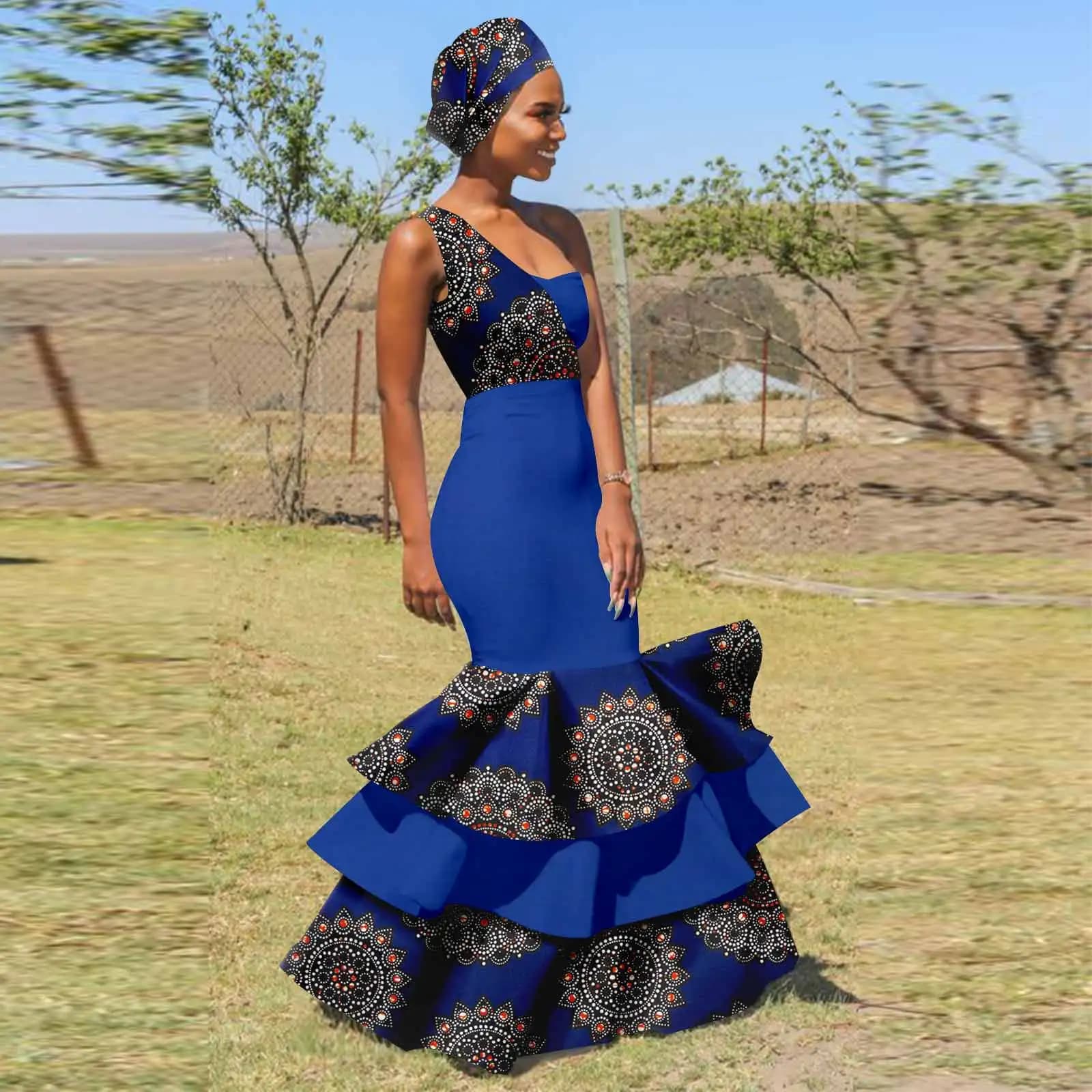 Abiti da donna africani per occasioni formali Abito lungo a sirena senza maniche con fascia per capelli Abiti da sposa da donna per feste Y 2225039