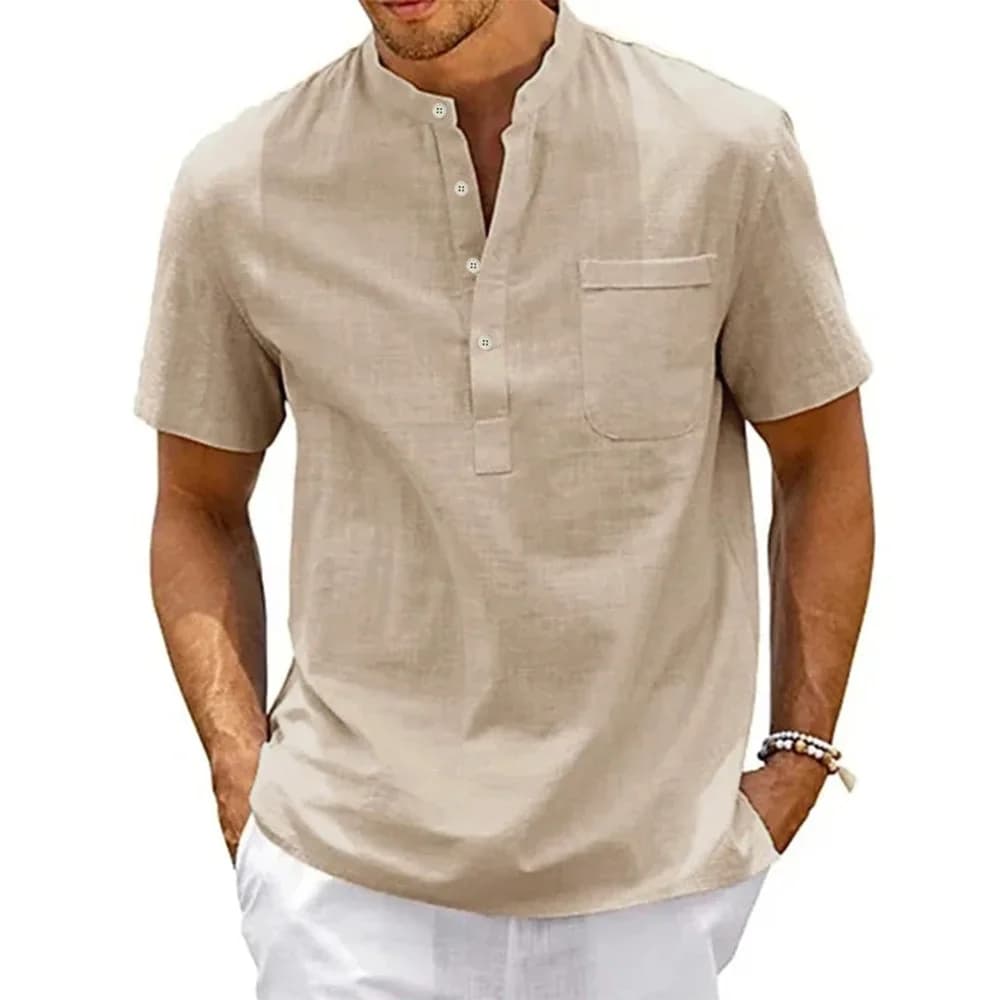 Men's cotton and linen shirt with Henley neck, casual beach pocket, short sleeve, solid color, men's top, vintage streetwear t-shirt