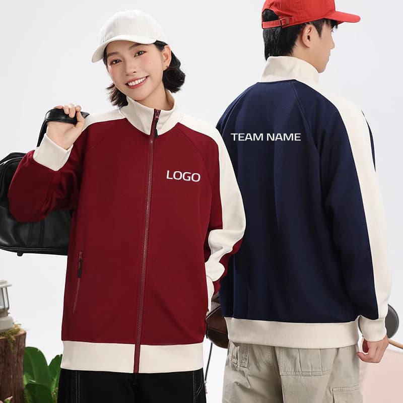 Long sleeve zip jacket, warm hoodie color block, casual baseball jacket, outdoor clothing, customizable logo