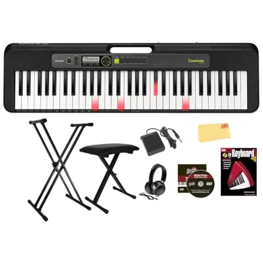 Portable 61-key lighted keyboard bundle for home practice: ABS plastic, black, includes adjustable stand, bench, headphones, su