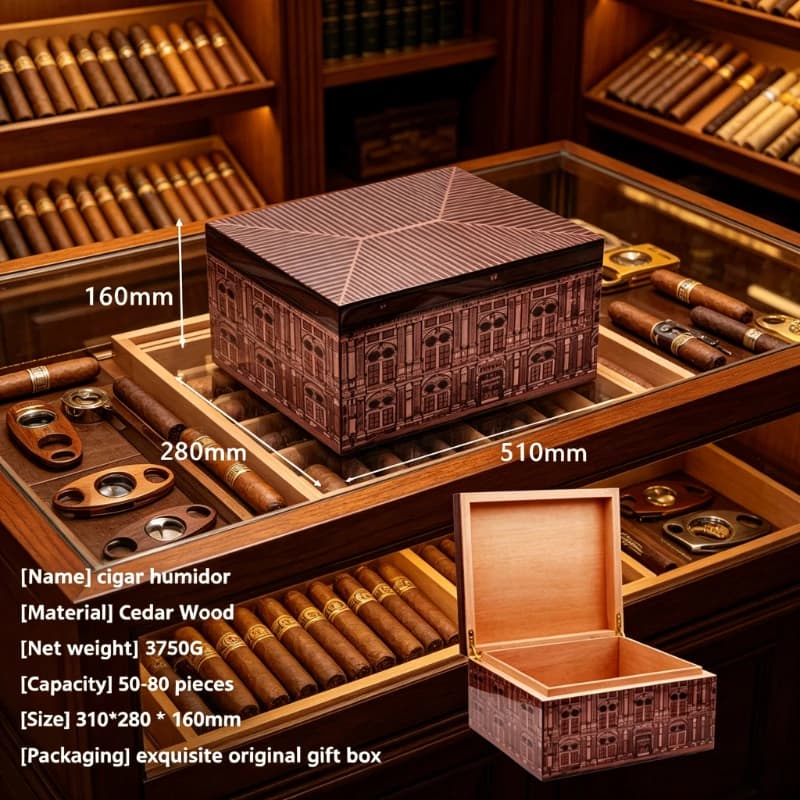 Humidor in Legno per 50-80 Sigari con Sacchetto Umidificatore, Igrometro, per Invecchiamento e Conservazione, Regalo Festivo