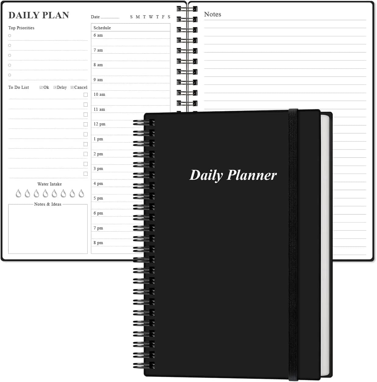 Agenda giornaliera senza data A5 - Pianificazione oraria, blocco note per la lista delle cose da fare, rilegatura a spirale, copertina rigida in PVC, tasca interna, 5,8"x8,3", nero