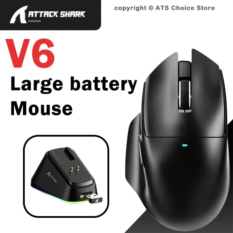 ATTACK SHARK V6 Mouse da gioco wireless Bluetooth tri-modale PAW3311 Dock di ricarica magnetico RGB 25KDPI leggero per ufficio e gioco