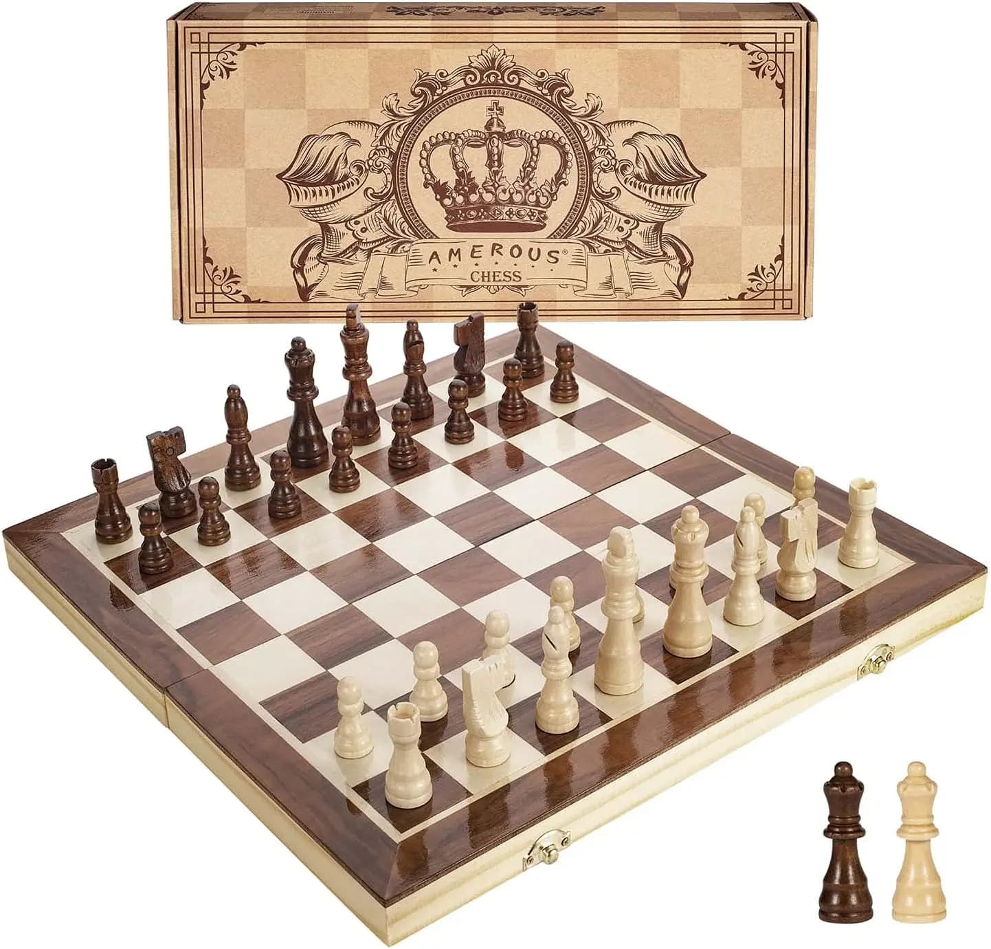 Set di Scacchi Magnetico in Legno da 15 Pollici - 2 Regine Extra, Scacchiera Pieghevole, Gioco da Viaggio per Bambini dai 6 Anni in Su