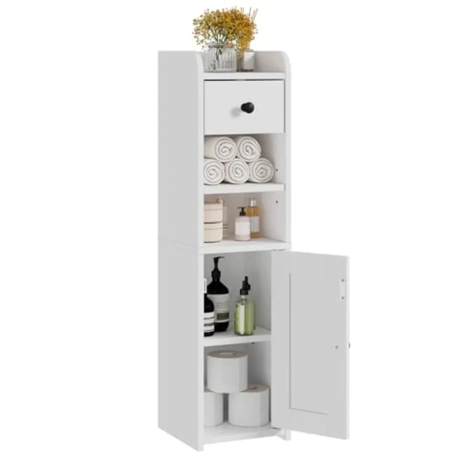 Mobiletto Salvaspazio per Bagno, Porta Carta Igienica Stretto, Armadietto Angolare da Terra con Ante e Cassetto per Piccoli Spazi, Regolabile