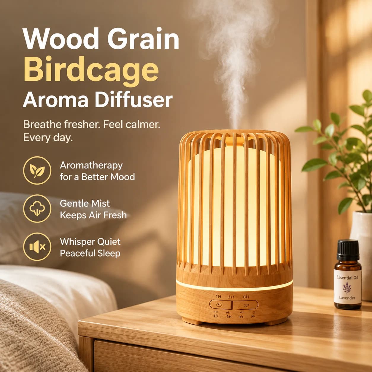 Wood Grain Birdcage Aroma Diffuser Ultrasonic Humidifier Quiet Essential Oil Mist Maker for Home Bedroom Air Freshener